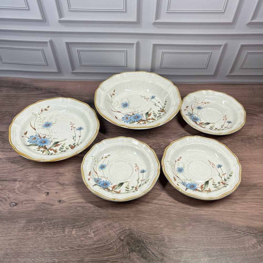 Mikasa Blue Daisies EB 804 Stoneware Set 5pc Japan Blue Floral Scalloped Cream